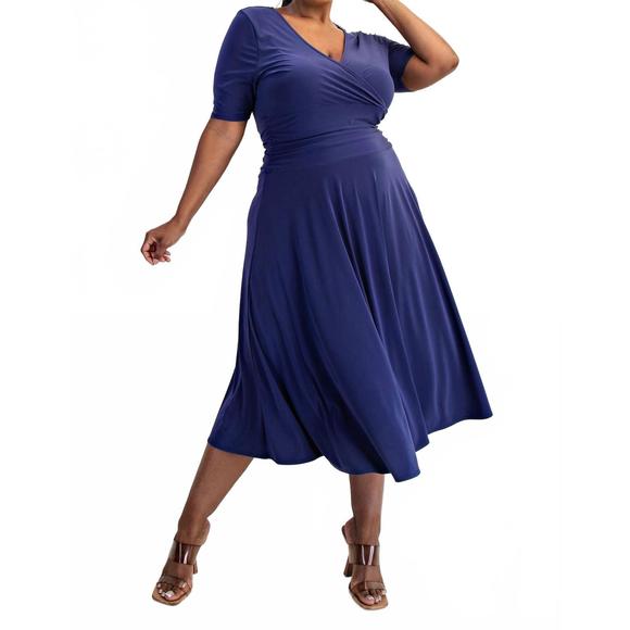 NEW THE CURVE LA plus size knit surplice midi dress with full skirt in navy - Picture 1 of 5